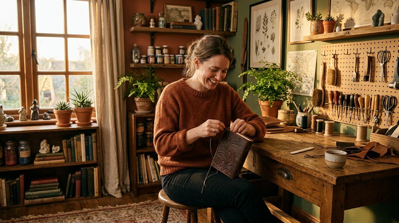 Femme souriante travaillant le cuir dans un atelier v&eacute;g&eacute;tal
