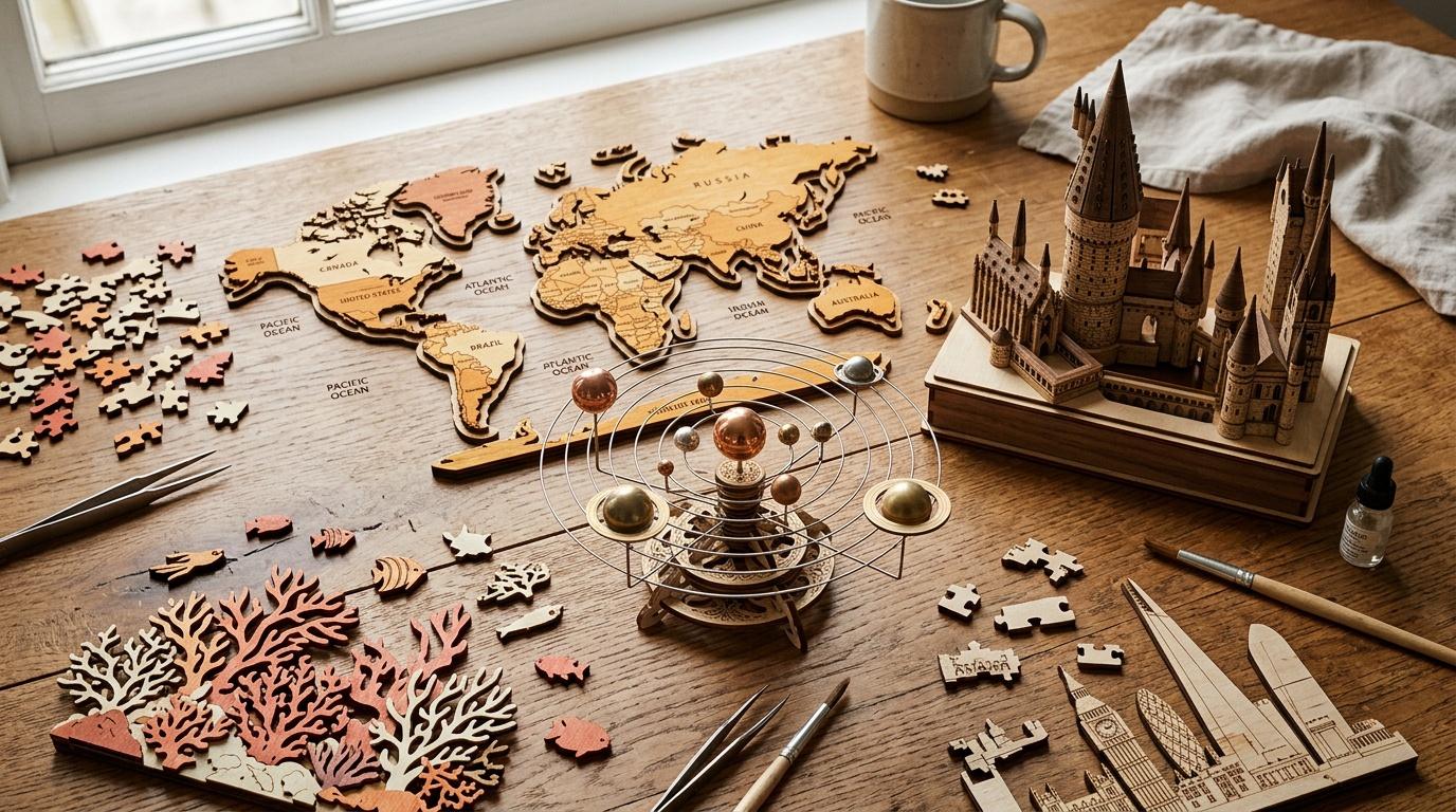 Puzzles 3D en bois, ch&acirc;teau, mappemonde et outils de cr&eacute;ation sur bureau