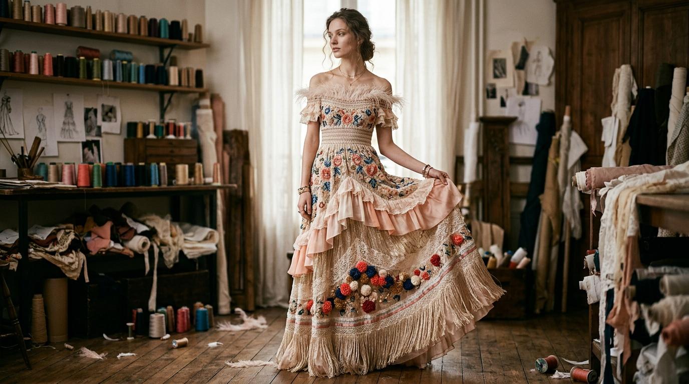 Femme en robe &eacute;l&eacute;gante dans un atelier de mode