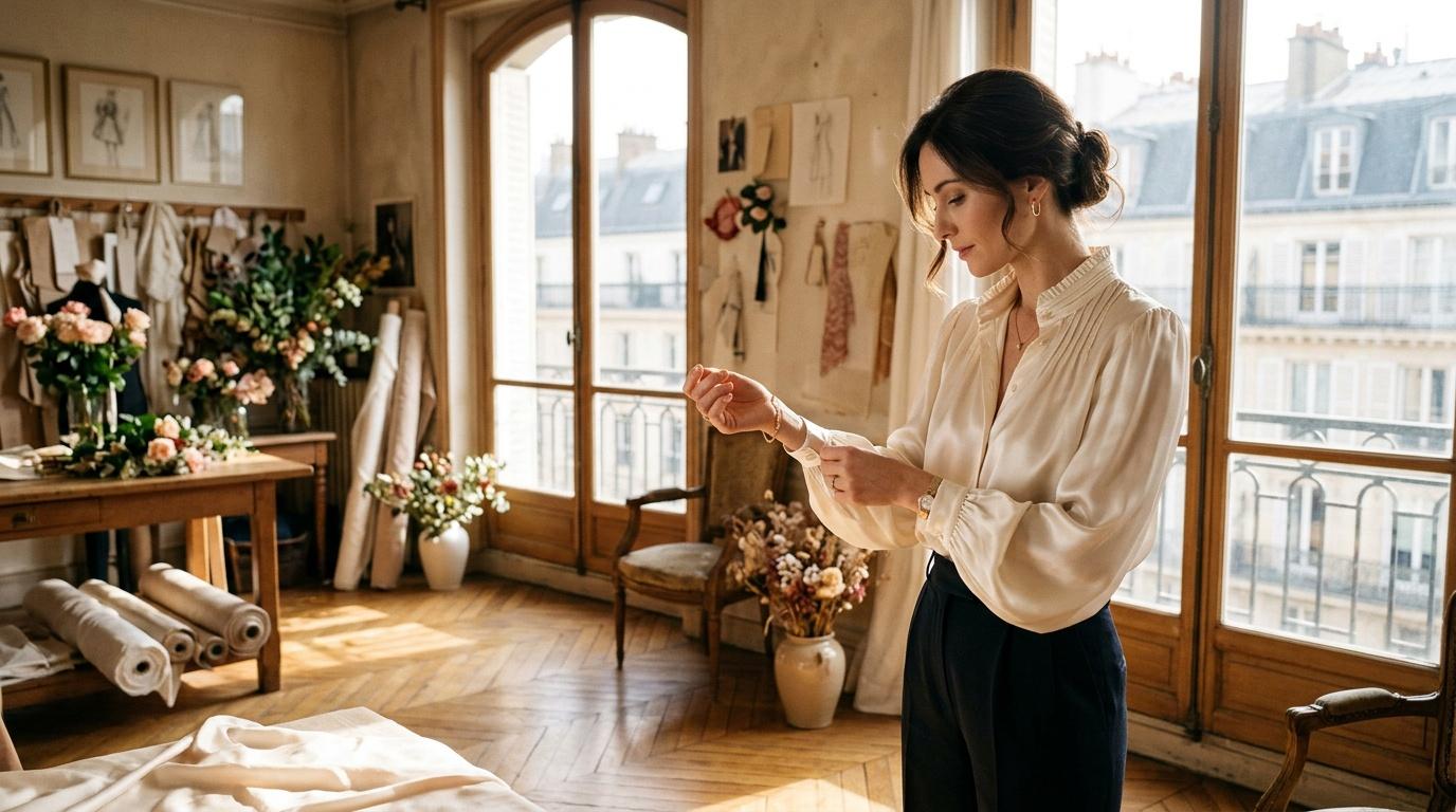 Femme dans un atelier de mode parisien lumineux avec vue sur la ville