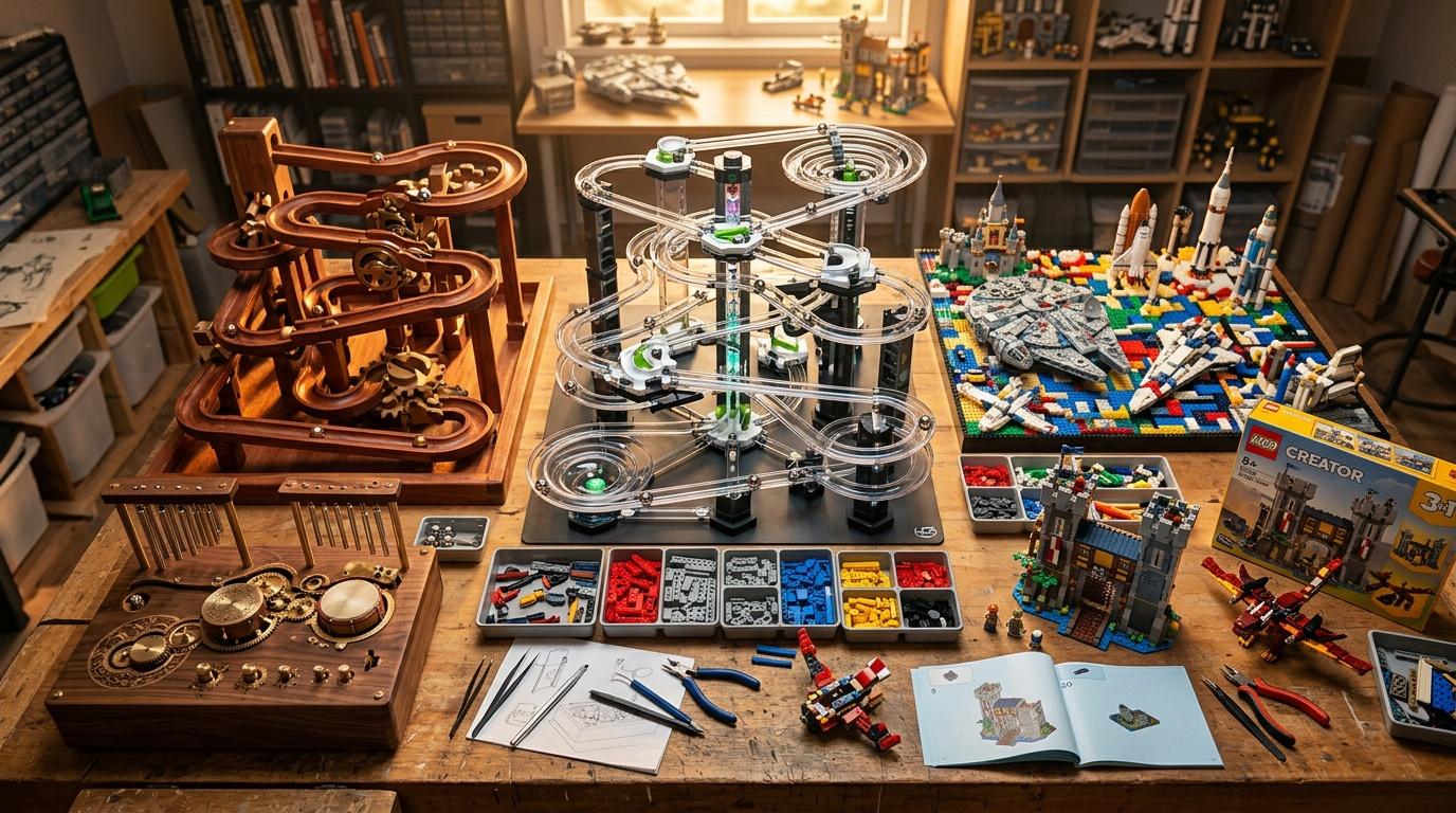 Table de travail avec projets LEGO, m&eacute;canismes et outils de design