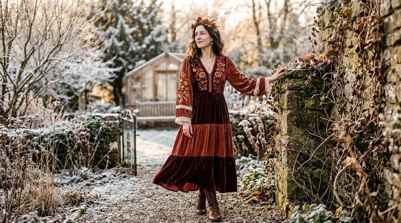 Femme en robe rouge dans jardin enneigé d'hiver