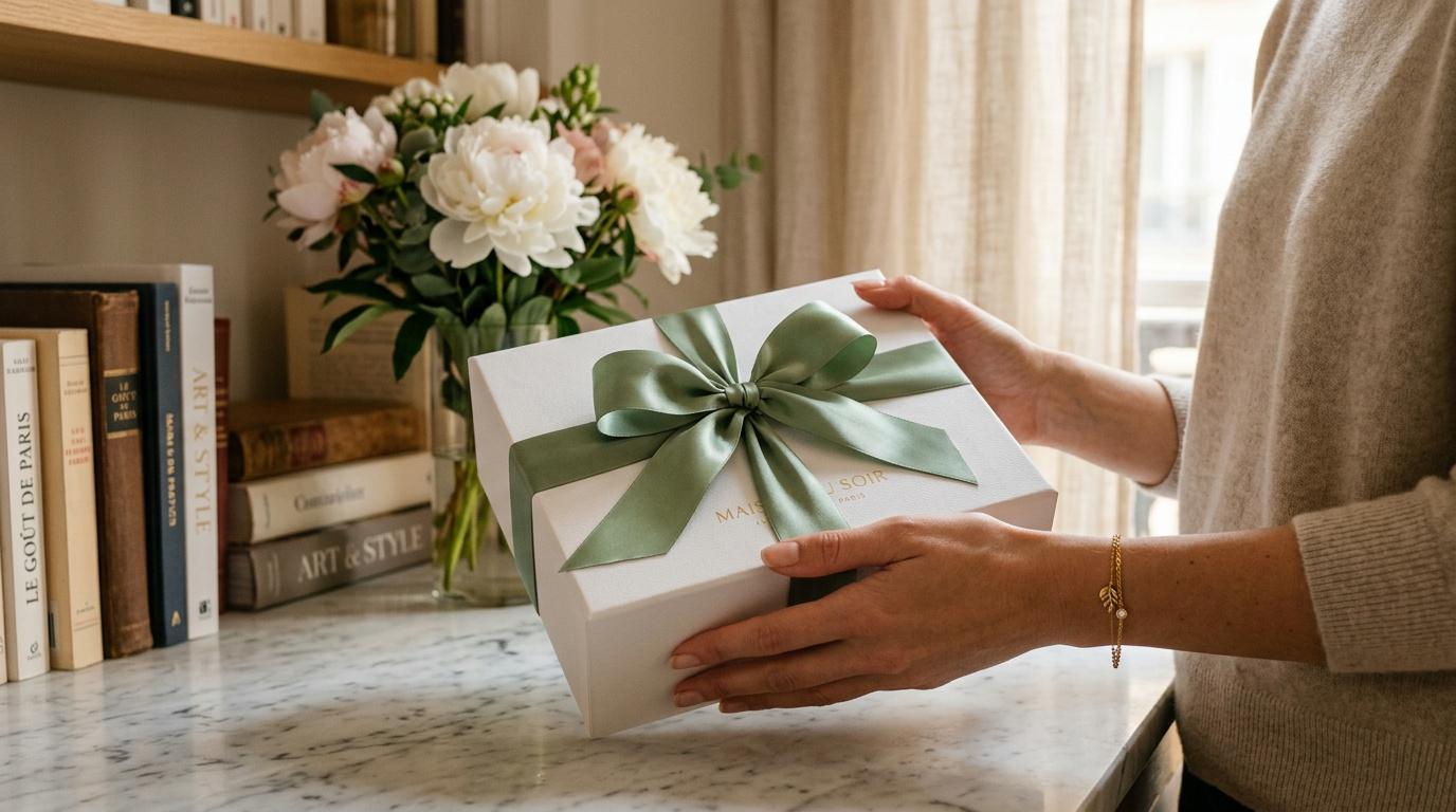 Femme tenant bo&icirc;te cadeau blanc avec ruban vert