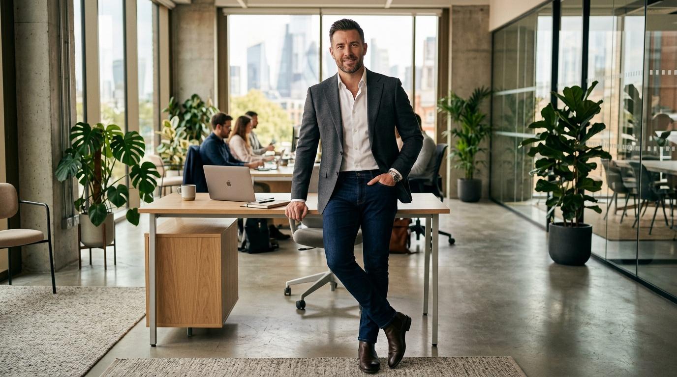Homme d'affaires posant dans bureau contemporain avec vue urbaine