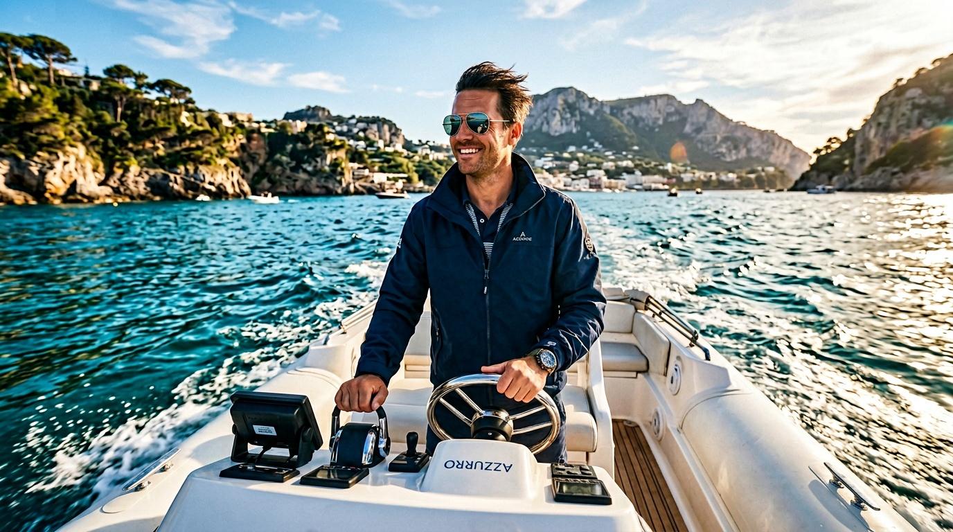 Homme pilotant un bateau blanc en M&eacute;diterran&eacute;e, montagnes en arri&egrave;re-plan