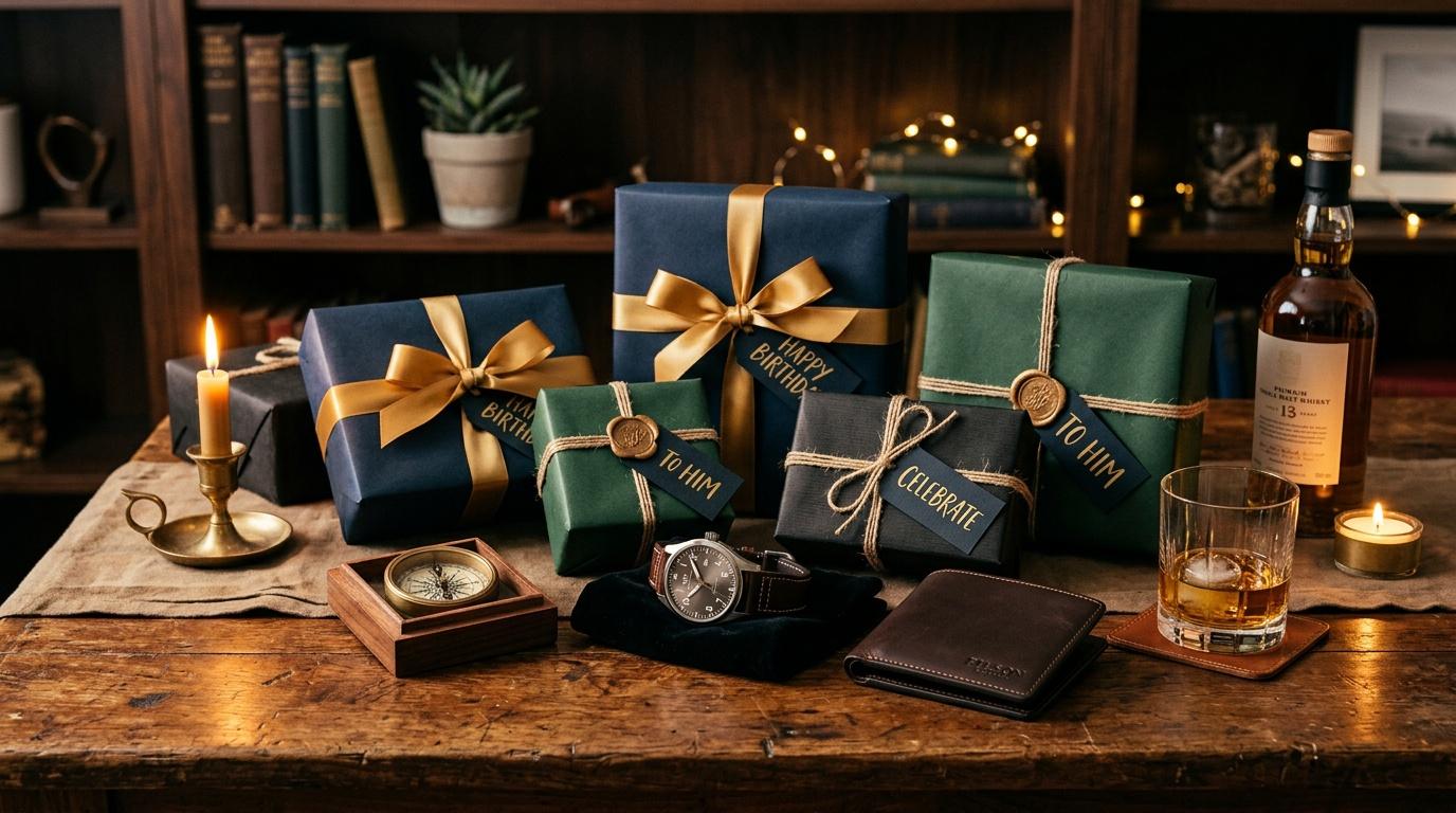 Cadeaux emballés, montre, whisky et accessoires sur table bois