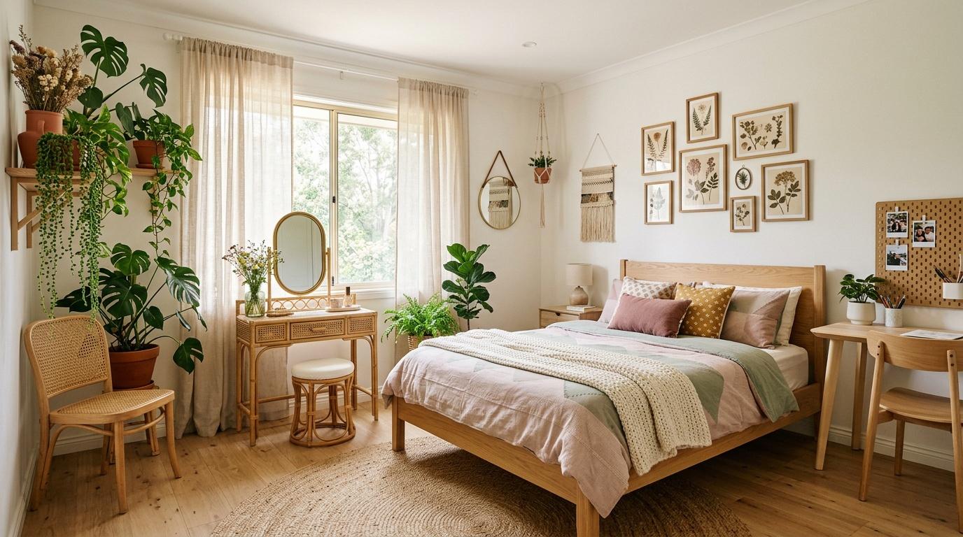 Chambre cosy avec lit bois, plantes vertes et d&eacute;coration naturelle