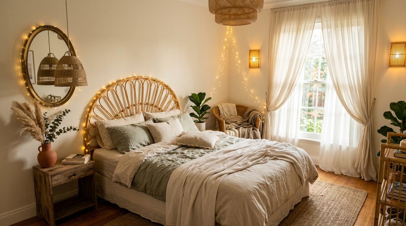 Chambre avec lit rotin, d&eacute;coration boh&egrave;me et lumi&egrave;res chaleureuses