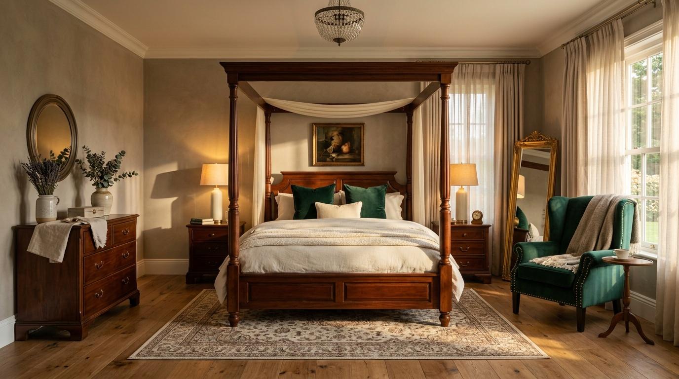 Chambre avec lit &agrave; baldaquin en bois, mobilier antique et fauteuil vert