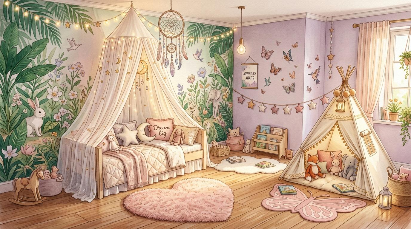 Chambre enfant d&eacute;cor&eacute;e avec tipi, lit &agrave; baldaquin et motifs botaniques