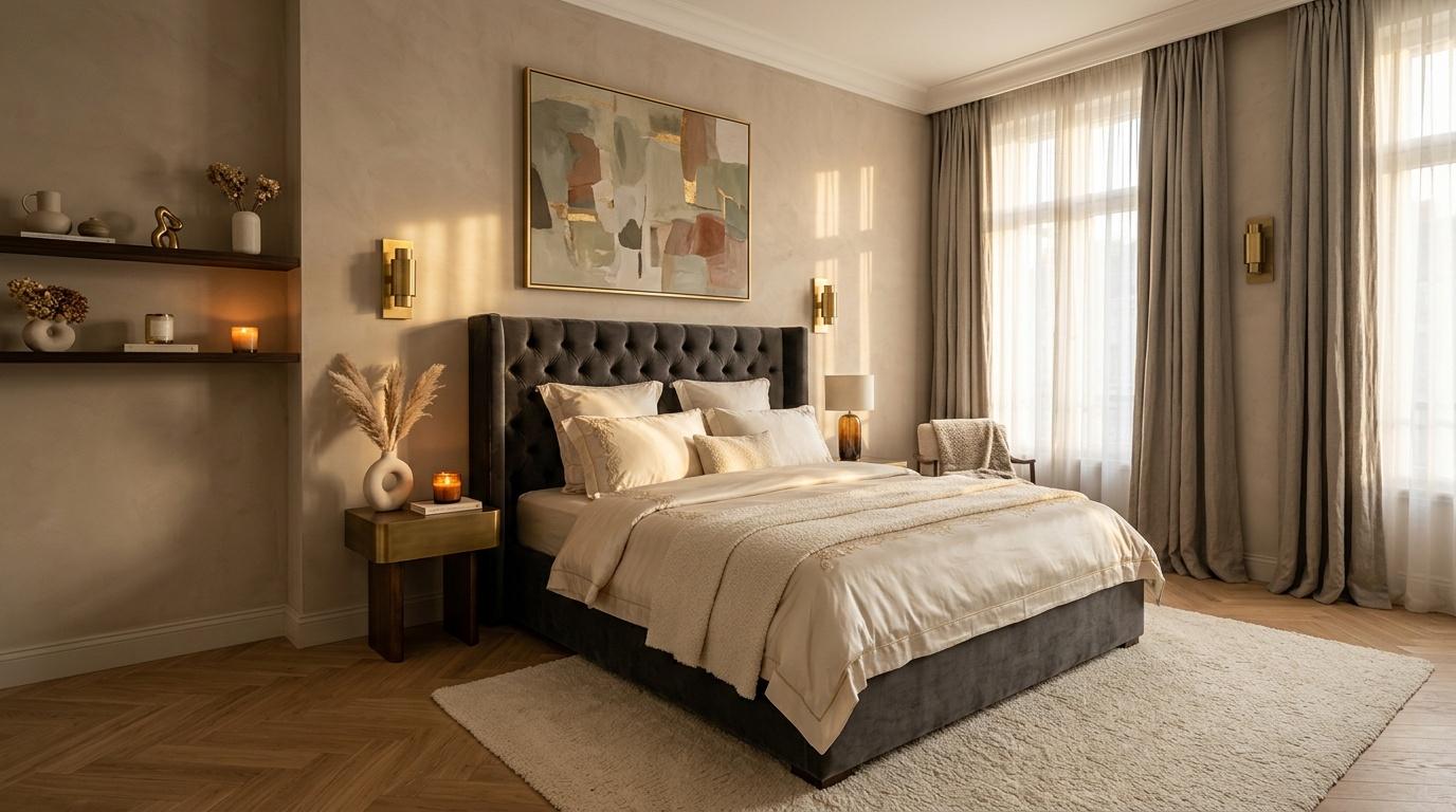 Chambre luxueuse avec lit capitonné noir et décoration moderne épurée