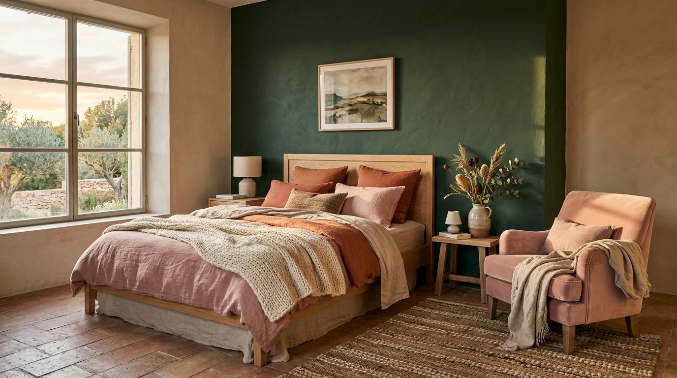 Chambre moderne avec mur vert, lit bois et fauteuil rose