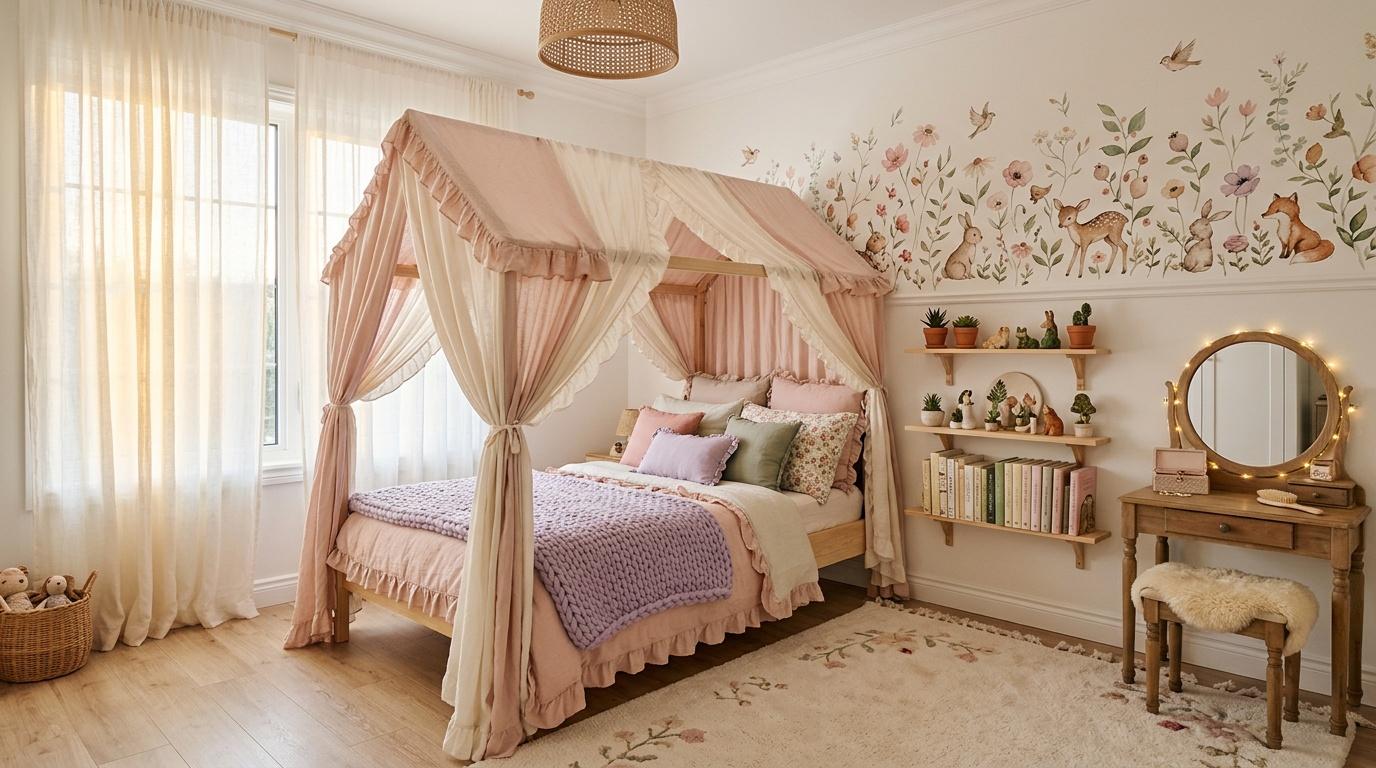 Chambre fille avec lit à baldaquin rose et décoration florale