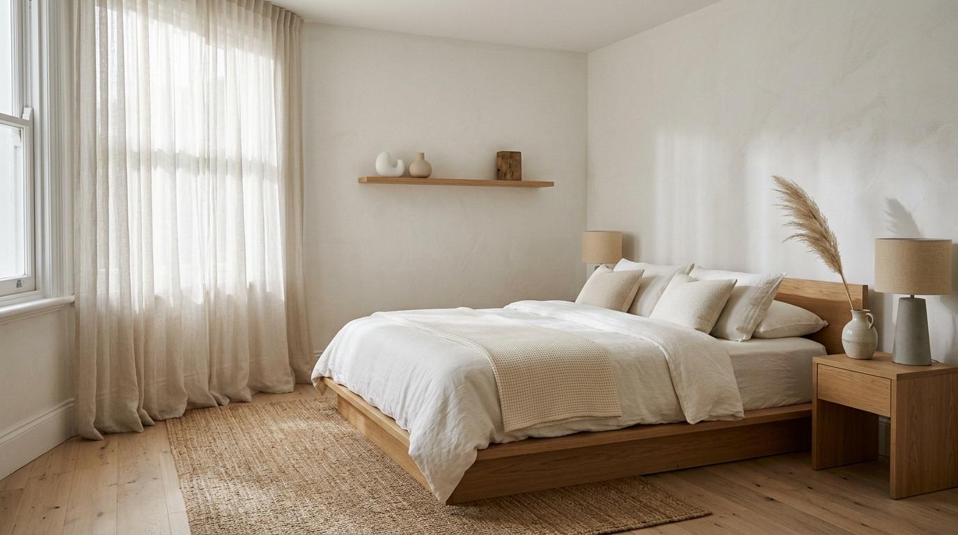 Chambre sereine avec lit bois, rideaux beige et décoration naturelle