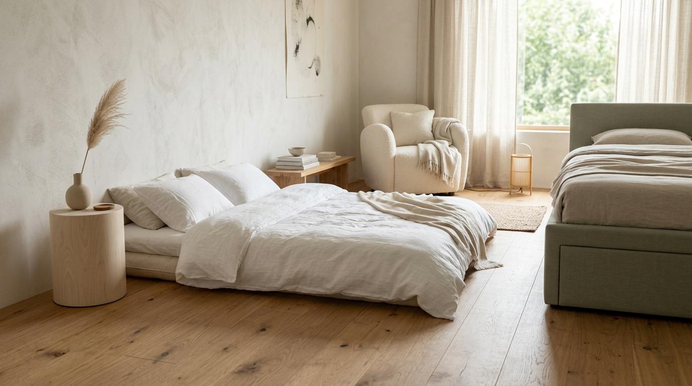 Chambre spacieuse avec lit blanc, fauteuil beige et grandes fen&ecirc;tres