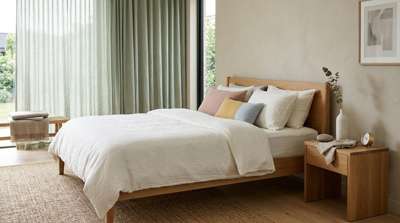 Chambre moderne avec lit bois, linge blanc et rideaux verts