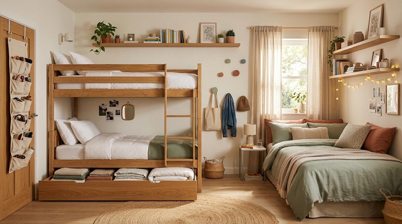 Chambre avec lit superpos&eacute; bois, lit simple, &eacute;tag&egrave;res, rangements organis&eacute;s