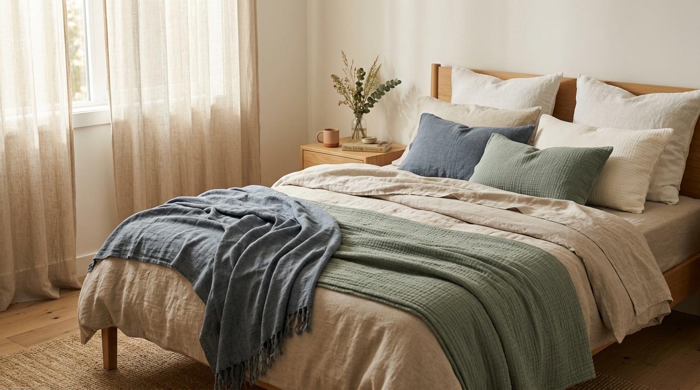 Lit avec draps beige, coussins bleus et verts, plantes s&eacute;ch&eacute;es