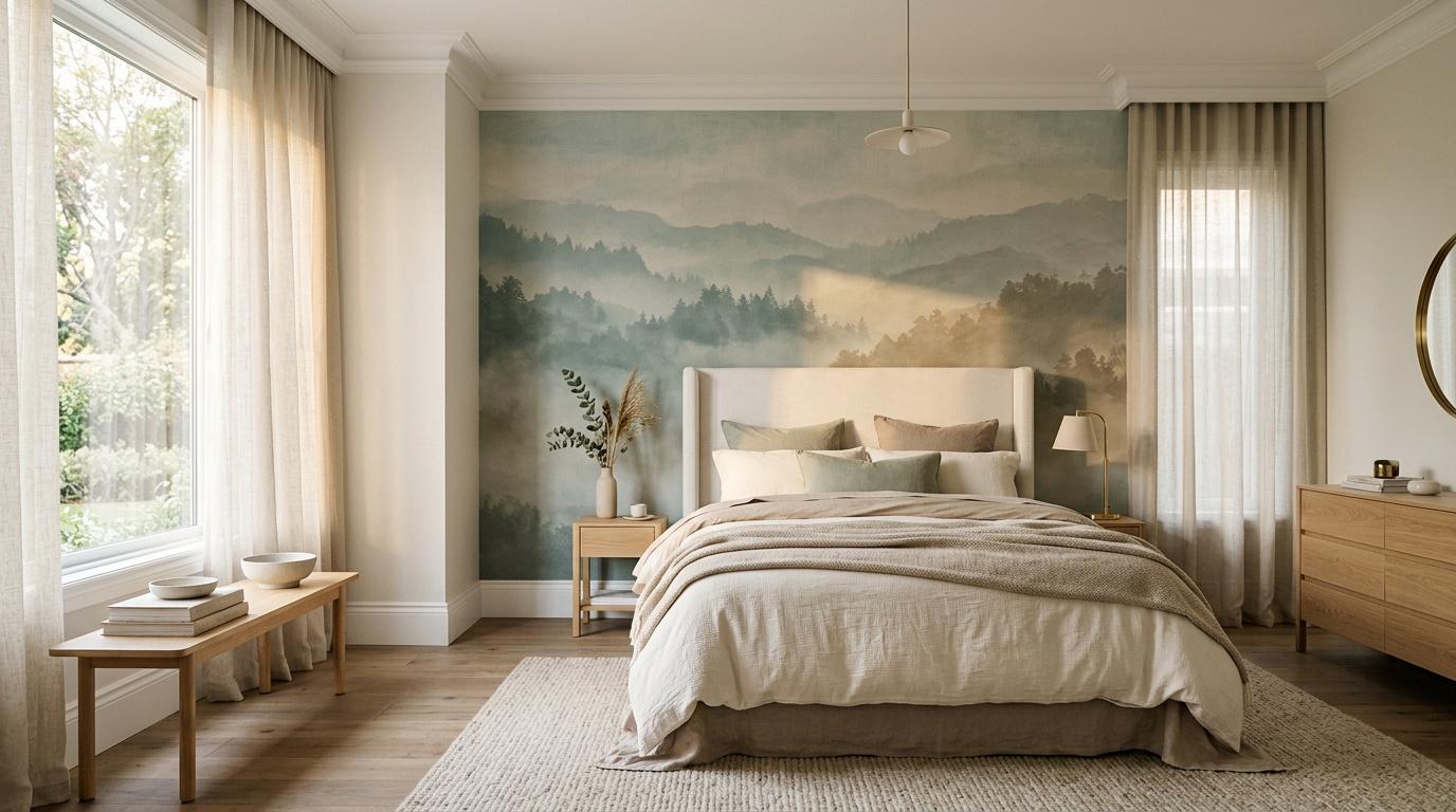 Chambre moderne avec lit blanc, murs verts et fresque montagne brumeux