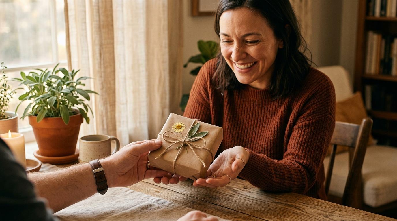 Femme souriante recevant un cadeau emball&eacute; naturellement