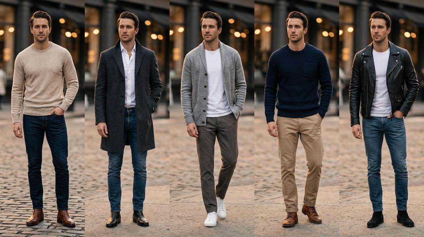 Homme posant dans cinq tenues casual différentes et élégantes