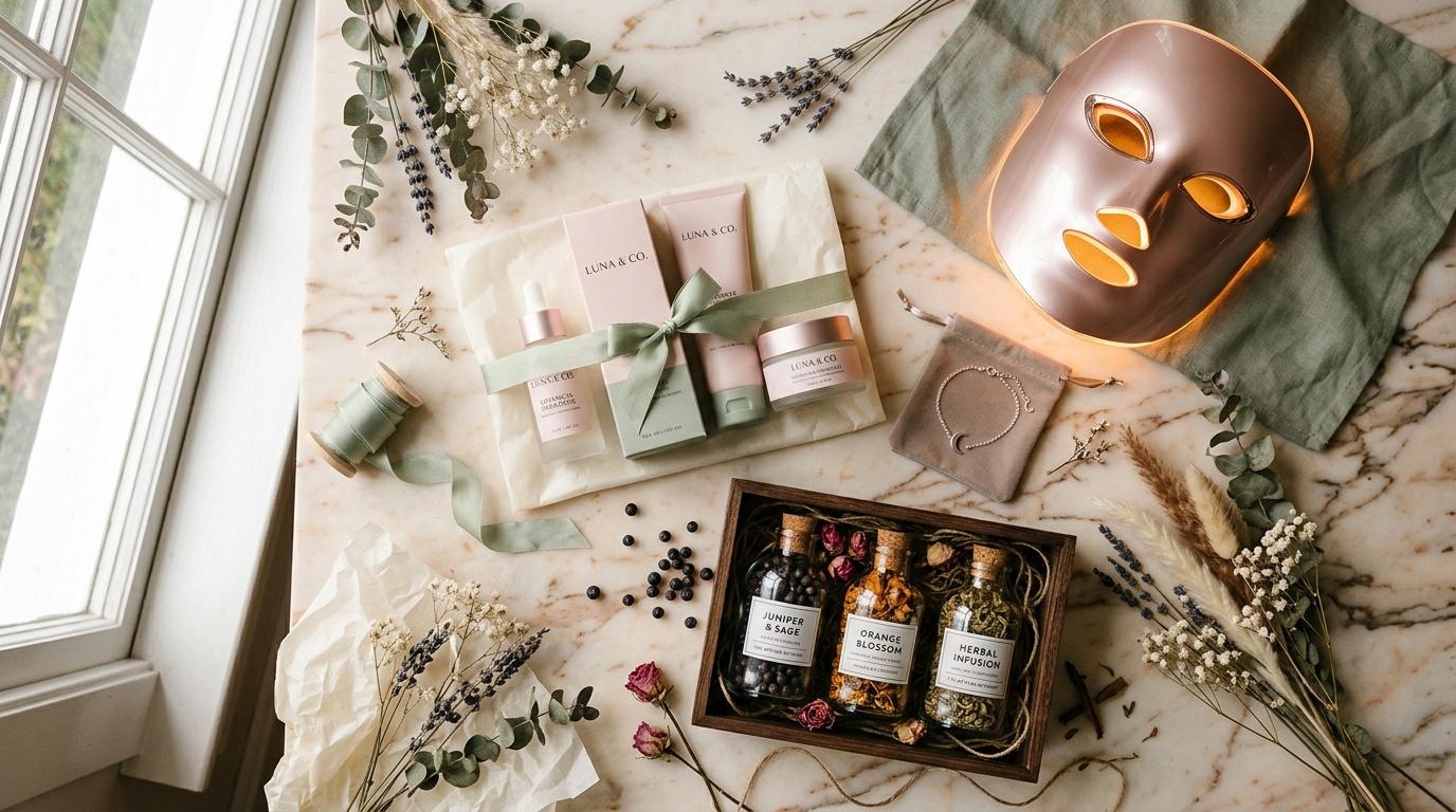 Produits de beaut&eacute; LUNA & CO avec masque LED rose et herbes s&eacute;ch&eacute;es