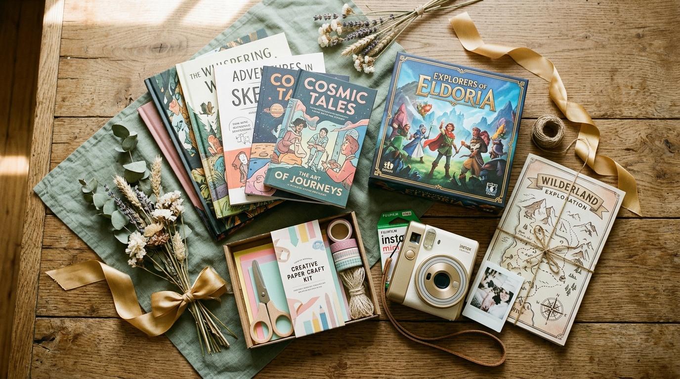 Livres, appareil photo instantan&eacute; et kit cr&eacute;atif sur tissu vert