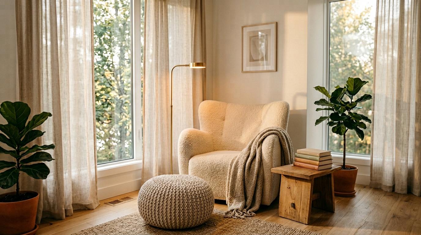 Fauteuil beige pr&egrave;s de fen&ecirc;tres avec plantes vertes