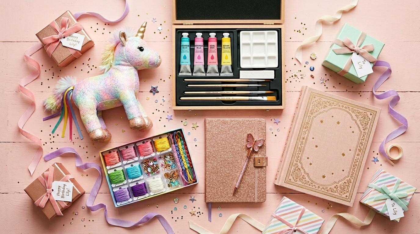 Fournitures artistiques et jouets colorés sur fond rose