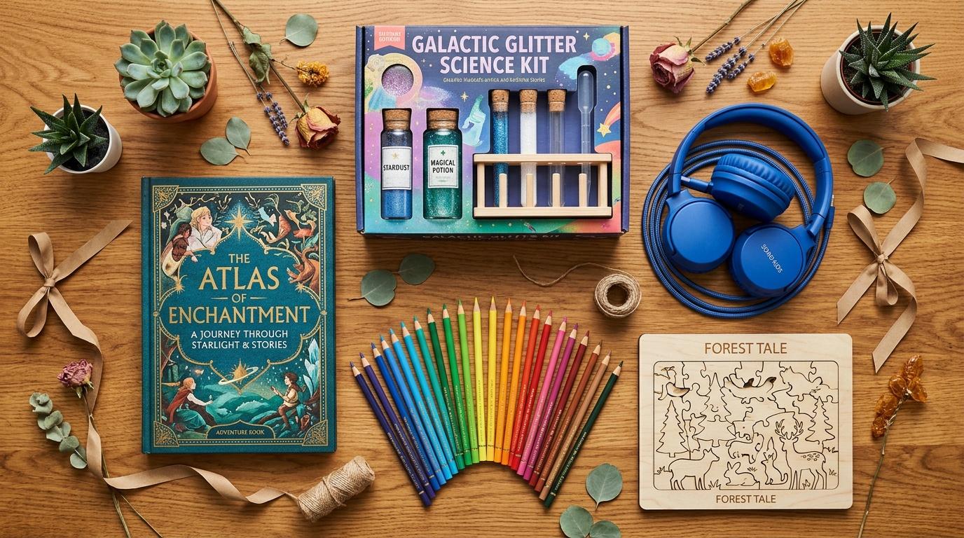 Kit scientifique, livres, crayons, casque bleu, plantes décoratives sur bois