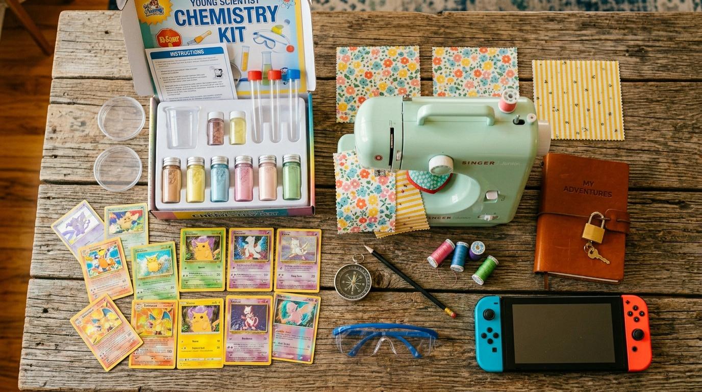 Kit chimie, cartes Pok&eacute;mon, machine &agrave; coudre, Nintendo Switch et accessoires
