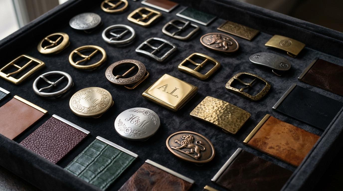 Boucles de ceinture m&eacute;talliques et &eacute;chantillons de cuir dans bo&icirc;te