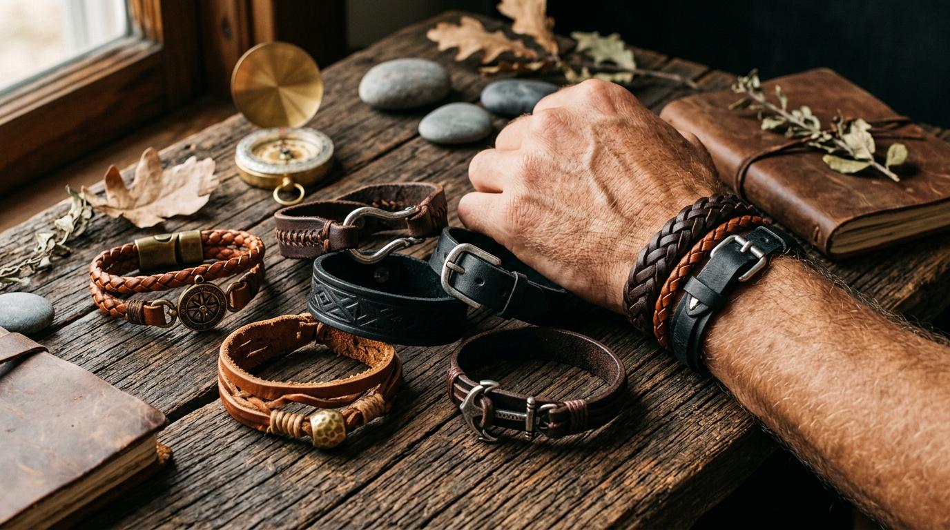 Main d'homme portant bracelets cuir sur table en bois