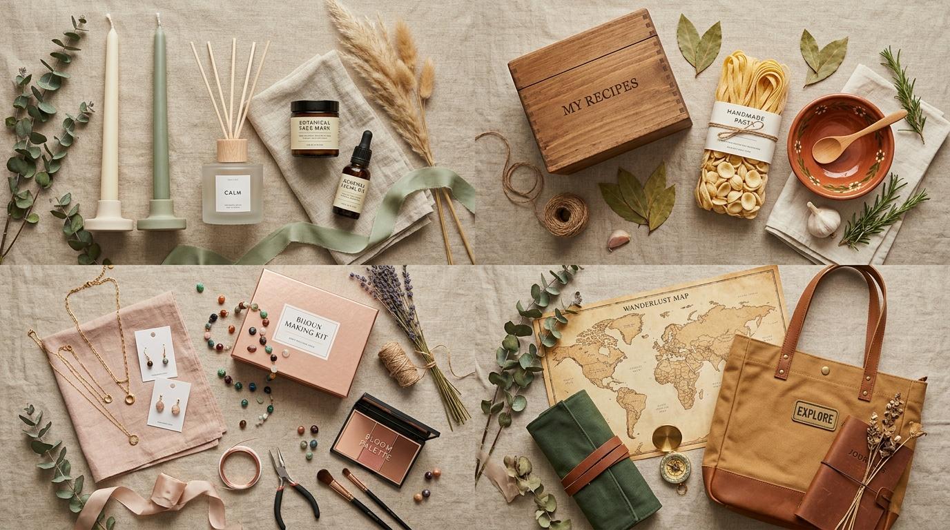 Flat lay avec cosm&eacute;tiques, bijoux, carte et accessoires boh&egrave;mes