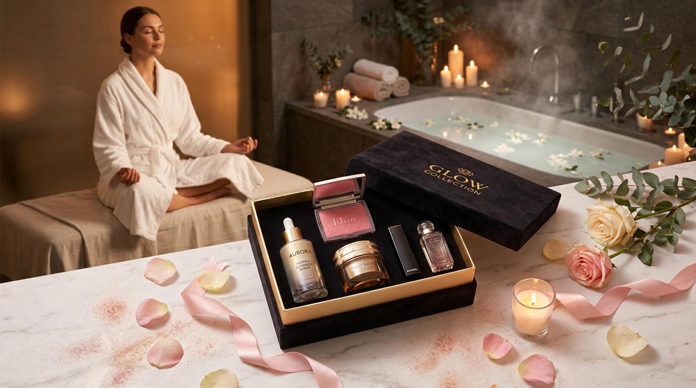 Coffret cosm&eacute;tiques luxe dans d&eacute;cor spa relaxant avec bougies