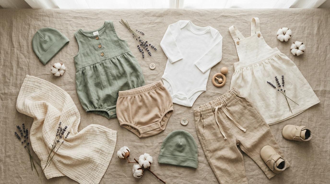 V&ecirc;tements b&eacute;b&eacute; &eacute;cologiques en tons neutres organis&eacute;s