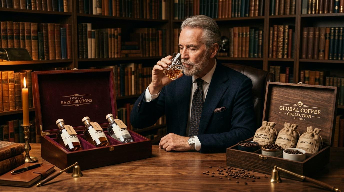 Homme d&eacute;gustant whisky rare dans biblioth&egrave;que &eacute;l&eacute;gante