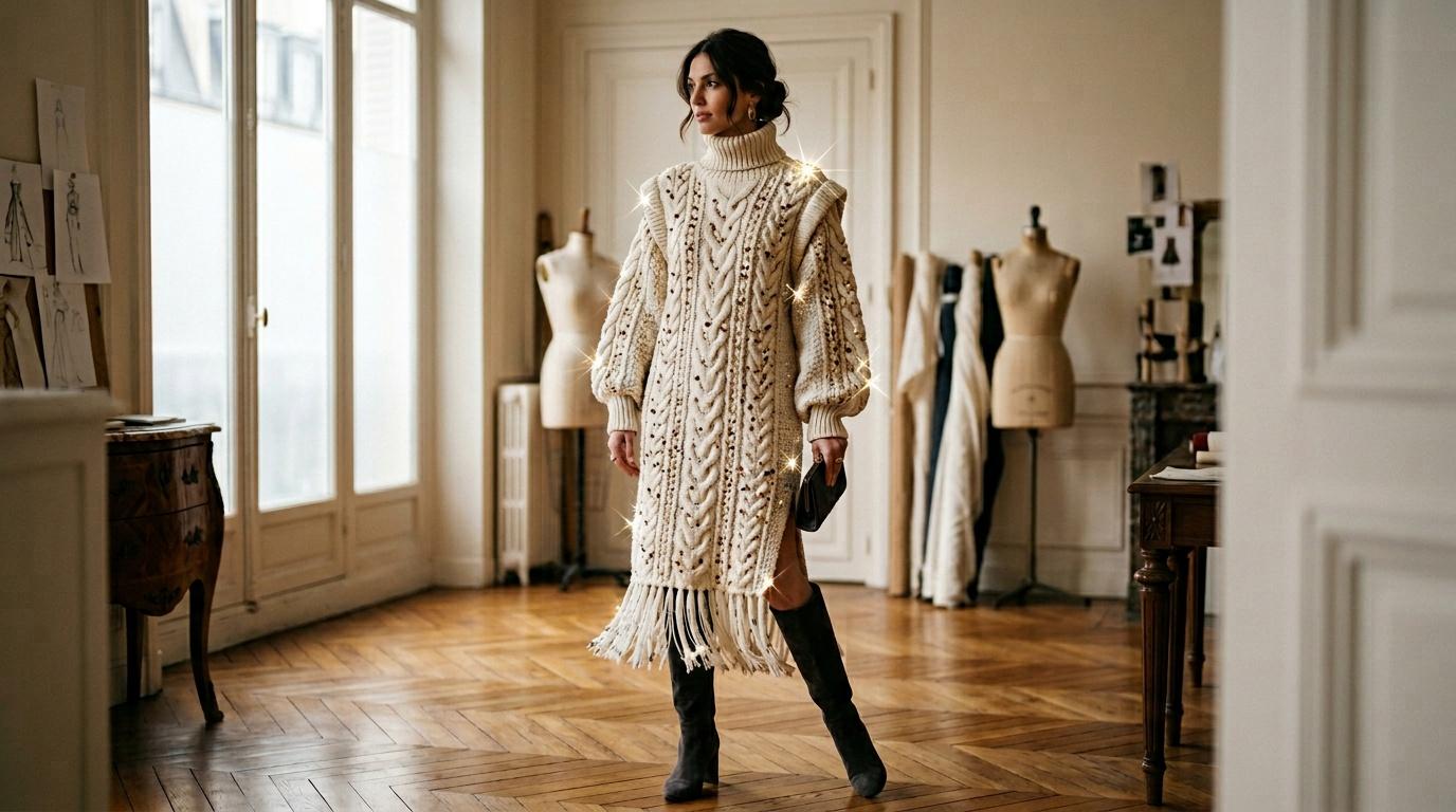 Femme portant robe tricot&eacute;e cr&egrave;me dans atelier de couture