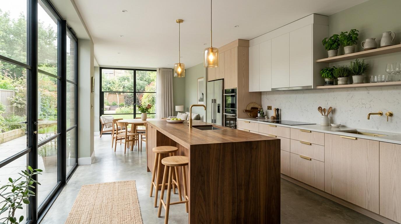 Cuisine contemporaine avec îlot central en bois et baies vitrées