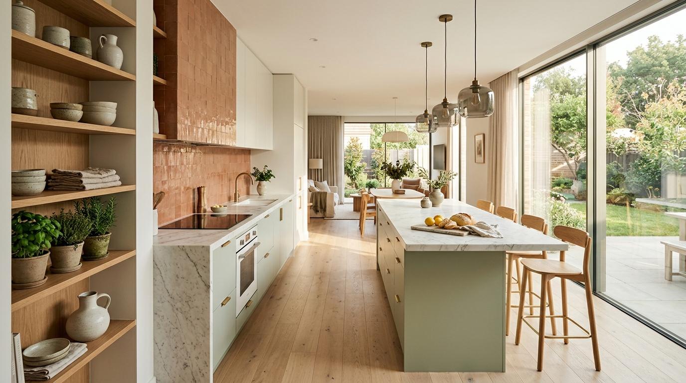 Cuisine contemporaine lumineuse avec îlot vert, terrasse et étagères en bois
