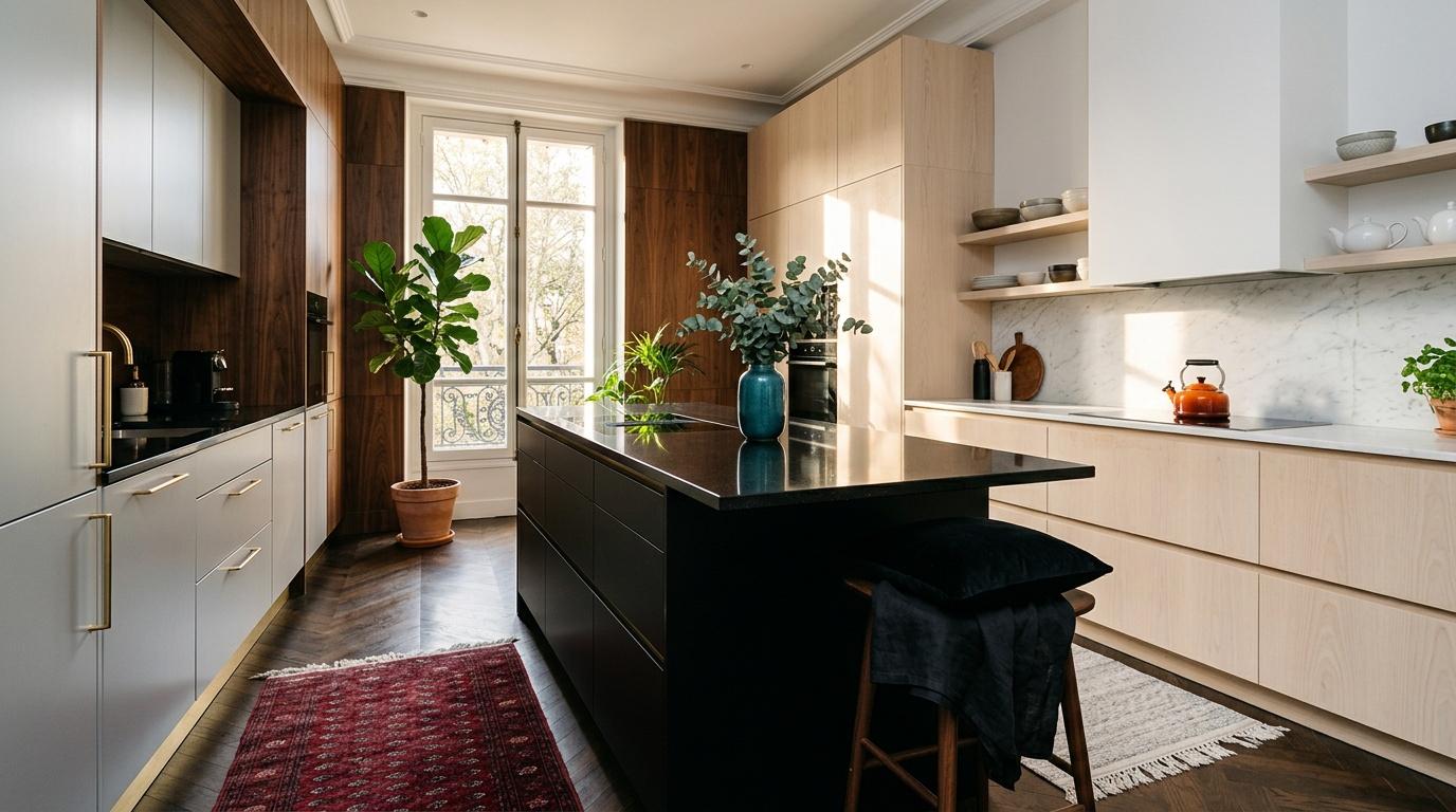 Cuisine contemporaine avec îlot noir, mobilier clair et plantes vertes