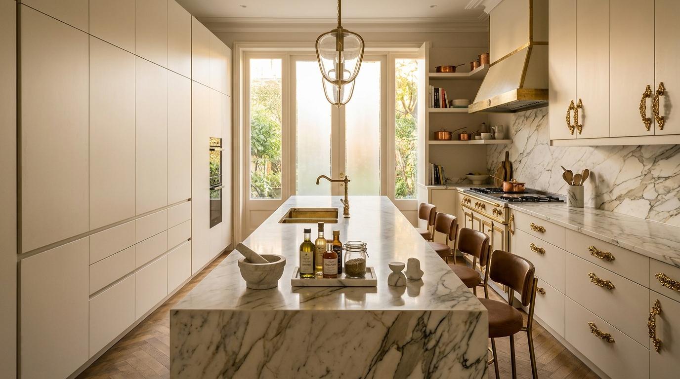 Cuisine contemporaine blanche marbre &icirc;lot central chaises