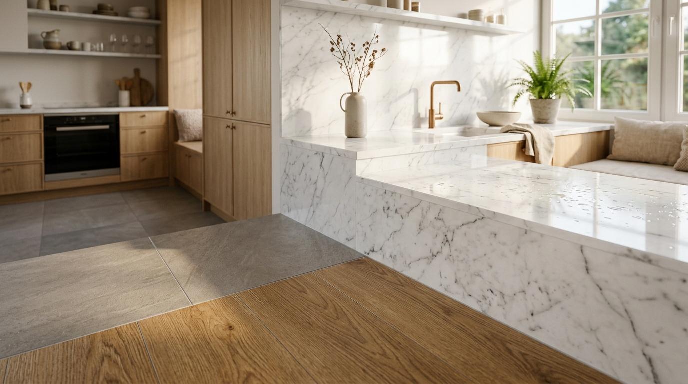 Cuisine contemporaine avec marbre blanc et bois clair