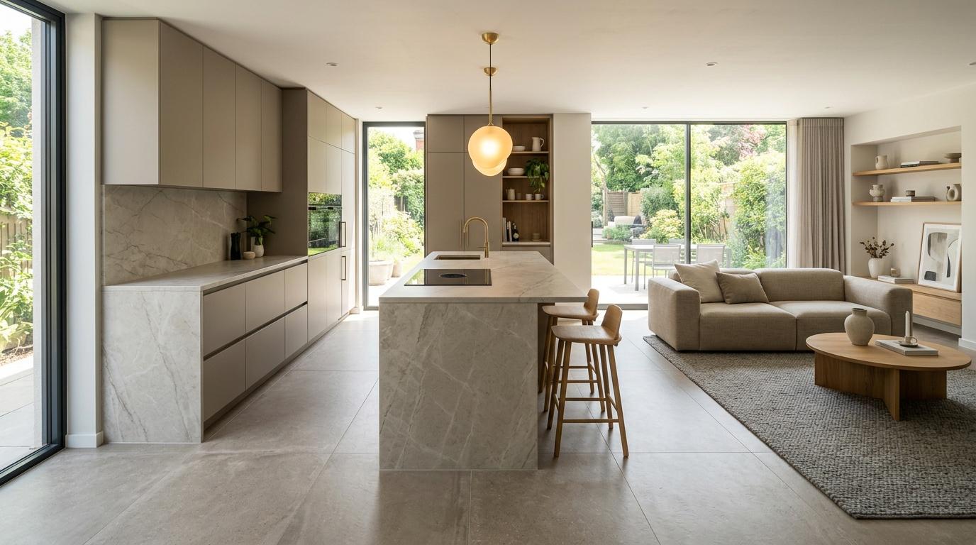 Cuisine contemporaine avec &icirc;lot, salon int&eacute;gr&eacute; et baies vitr&eacute;es