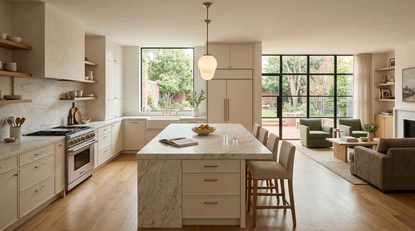 Cuisine contemporaine avec îlot central en marbre et vue jardin