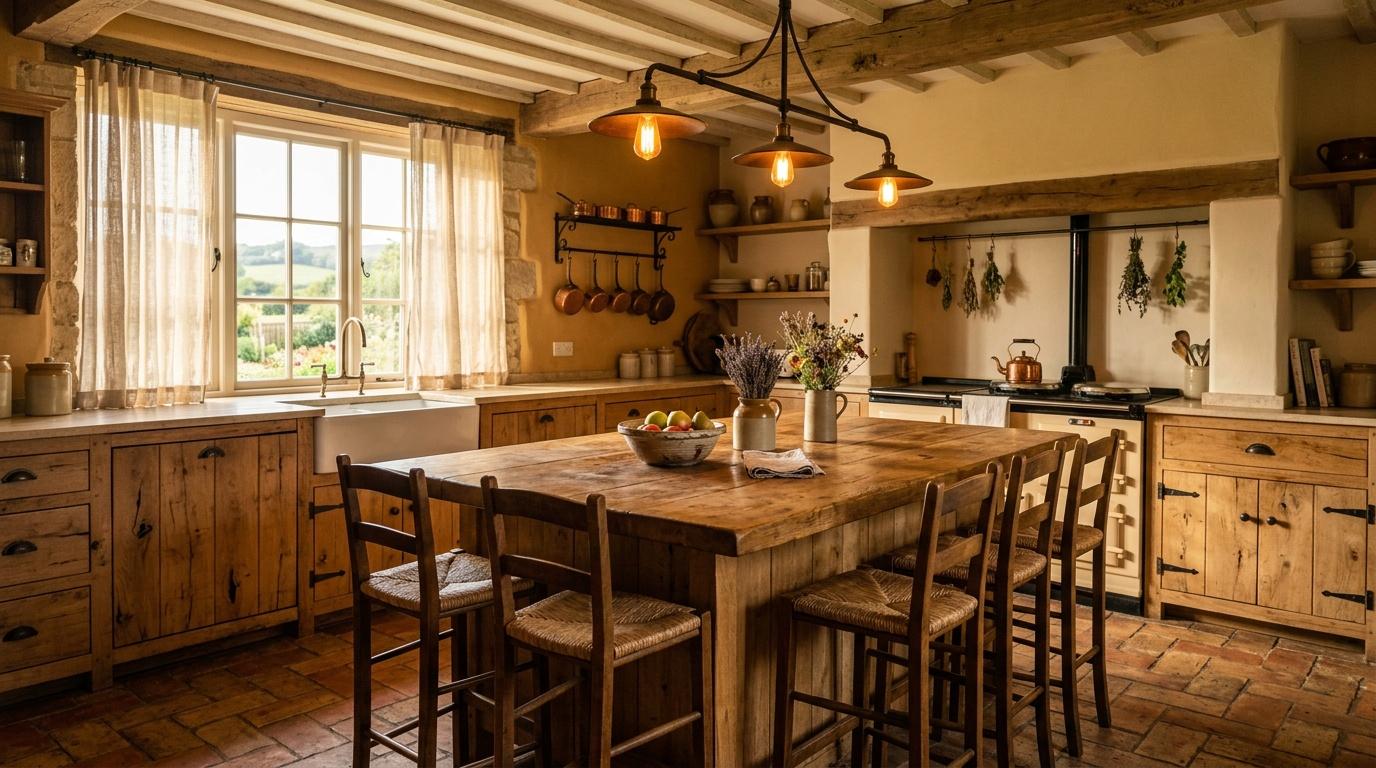 Cuisine campagnarde en bois avec îlot central et poutres apparentes