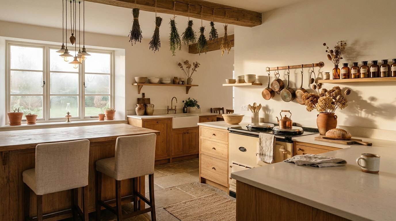 Cuisine campagnarde avec bois, herbes s&eacute;ch&eacute;es et accessoires traditionnels