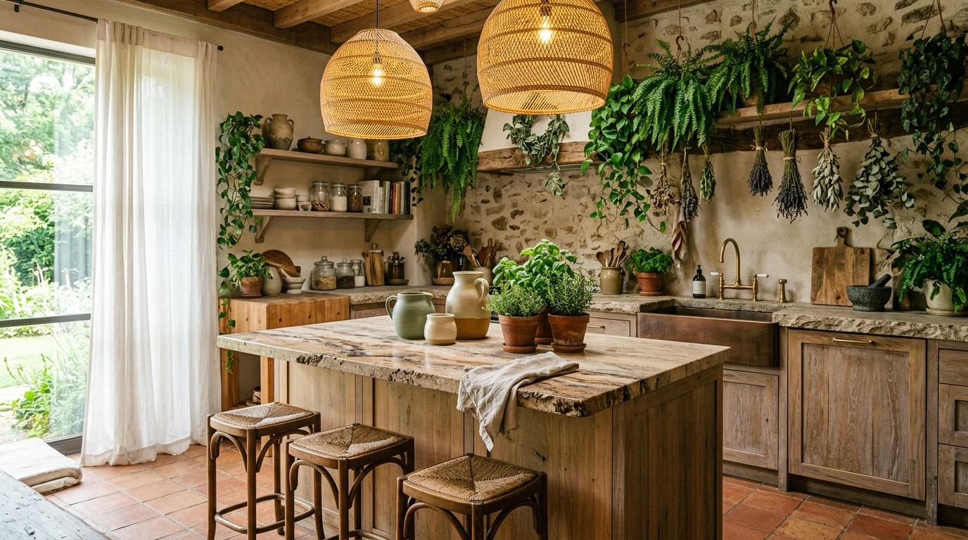 Cuisine campagnarde avec plantes suspendues et &icirc;lot central bois