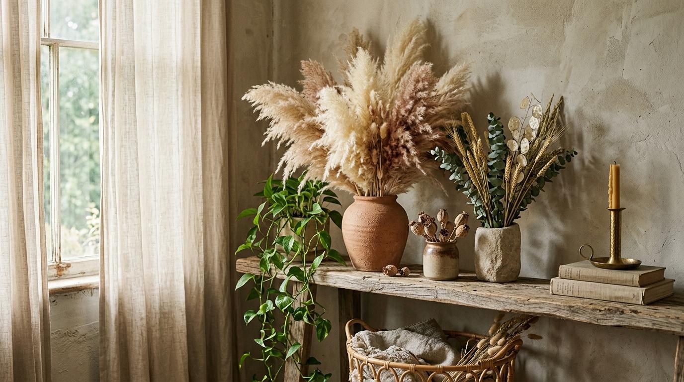 &Eacute;tag&egrave;re avec vases, fleurs s&eacute;ch&eacute;es, livres et bougies dor&eacute;es