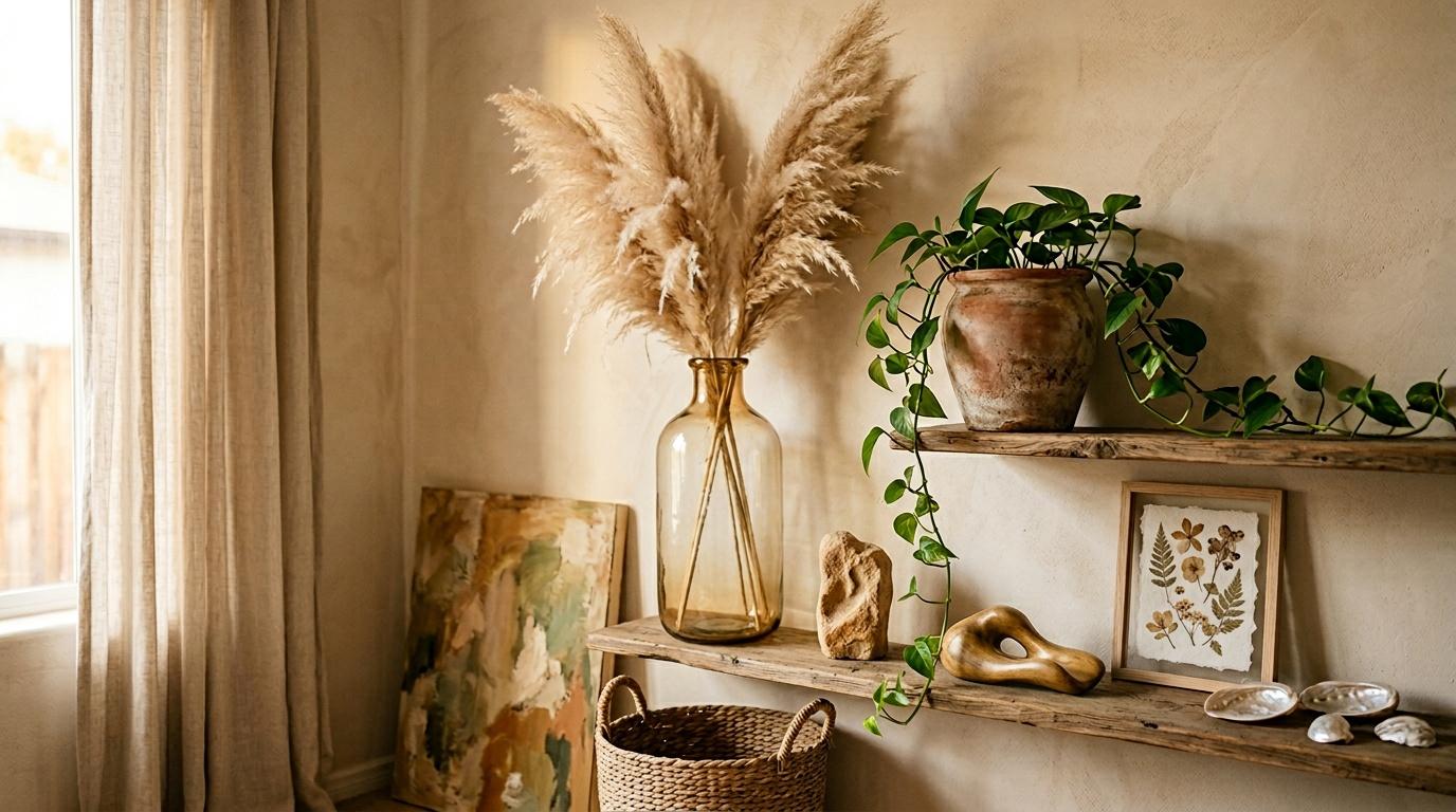 &Eacute;tag&egrave;res en bois avec plantes, vase et pampas d&eacute;coratives